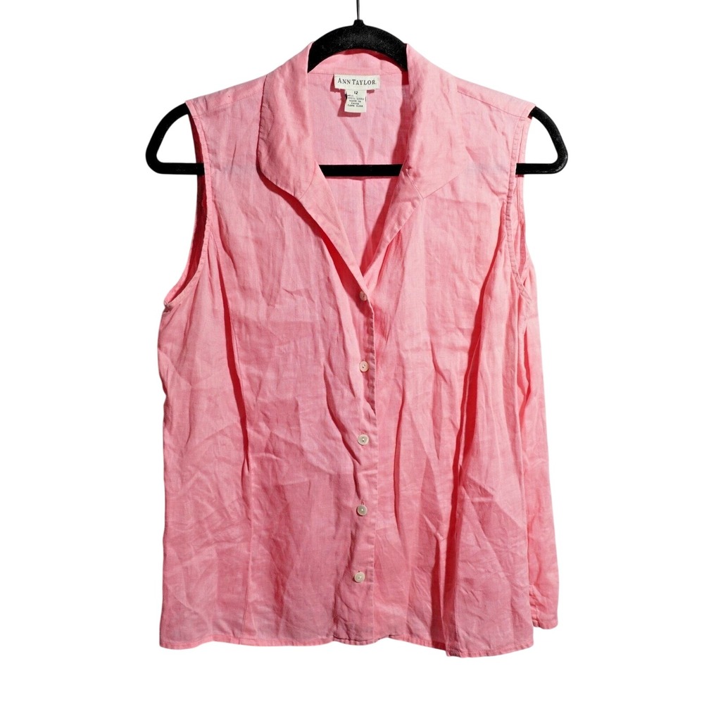 Vintage 90s Ann Taylor 100% Linen Pink Button Up Sleeveless Blouse 12 Classic